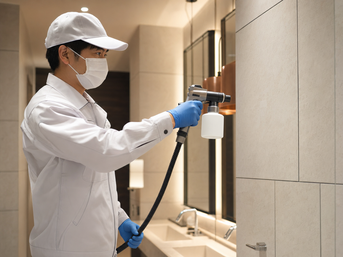 施設の水まわりに抗菌・消臭コーティングを施工するスタッフ