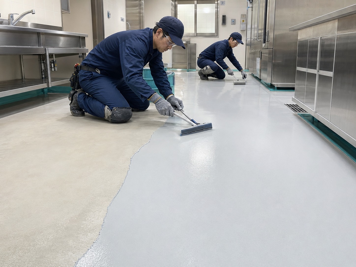 厨房でMMA床材を施工するスタッフ